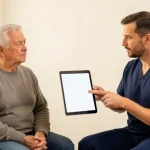 Dentist discussing gum health and dental implant planning with an older adult patient