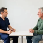 Prosthodontist reviewing dental implant recovery instructions with an adult patient