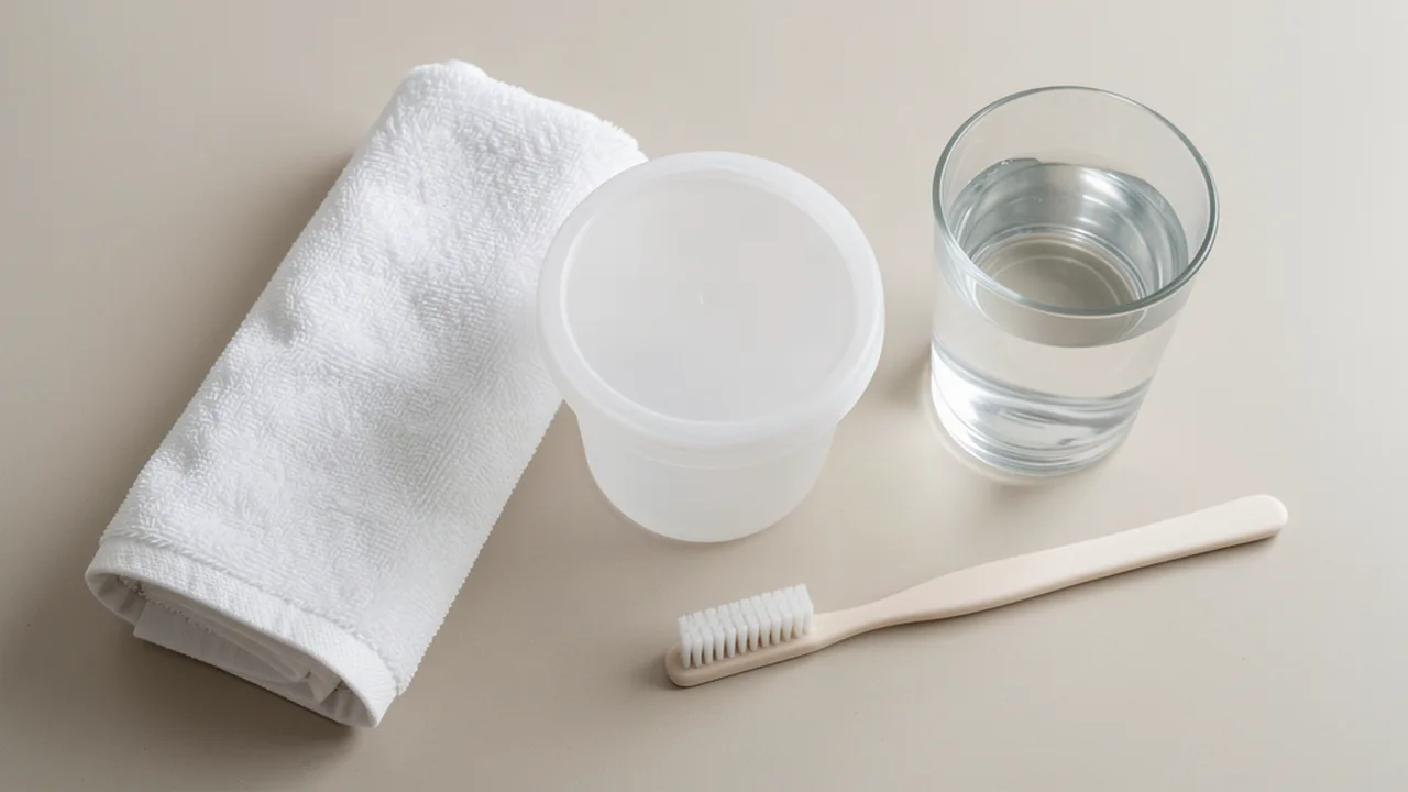 Denture storage cup, soft cleaning brush, towel, and water arranged for daily denture care