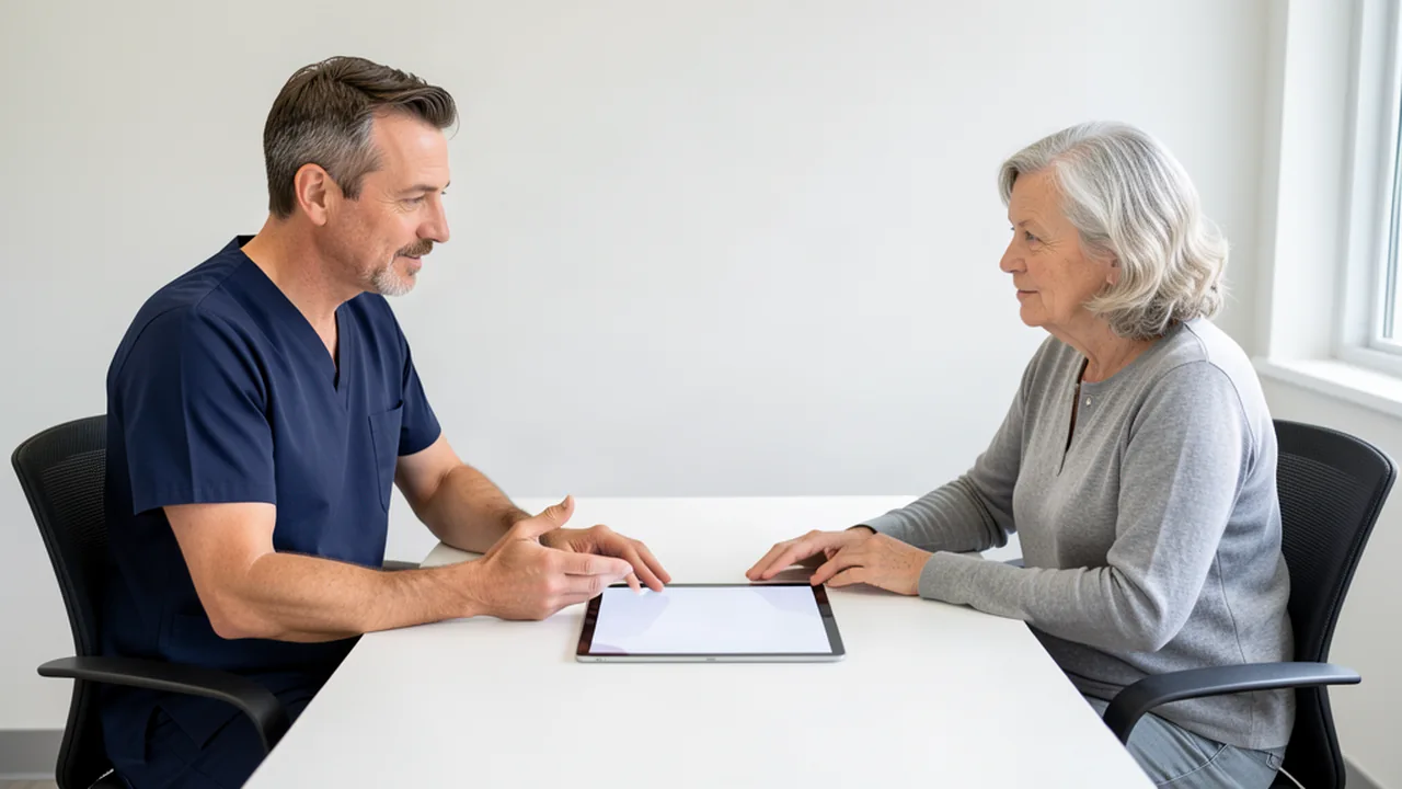 Prosthodontist discussing an immediate denture treatment plan with an older patient