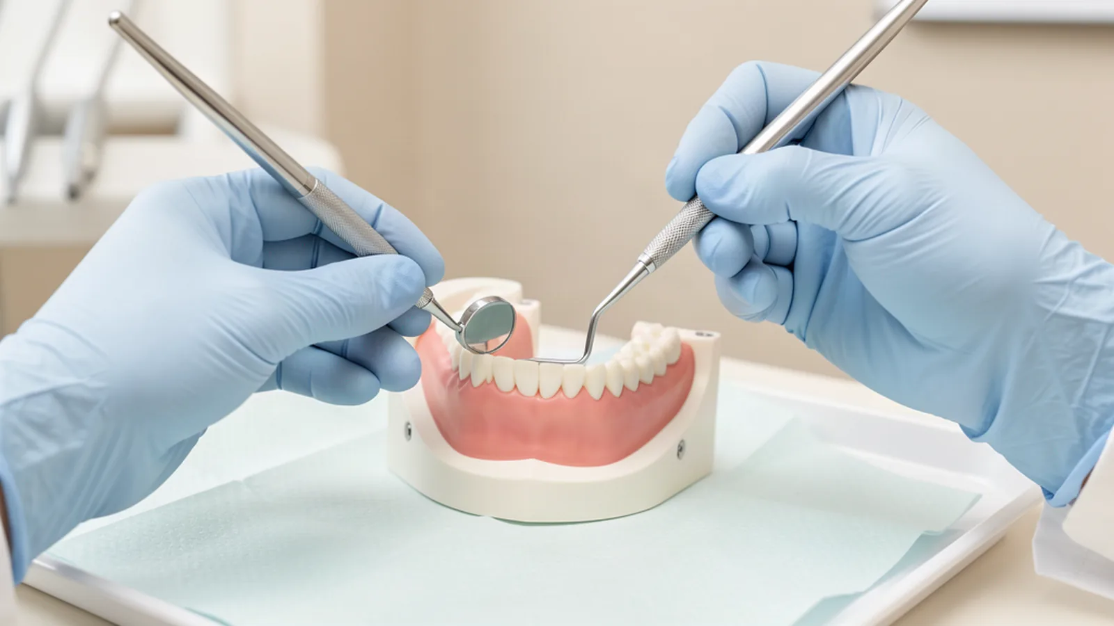 Dental professional checking a full-arch model with a mirror and maintenance instrument